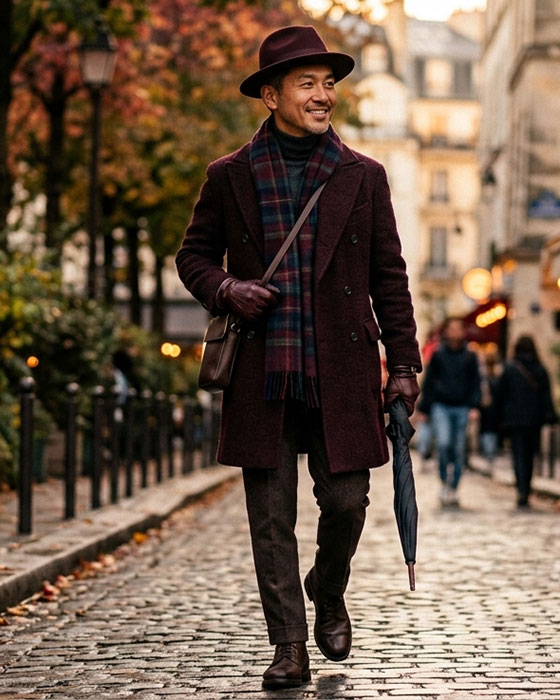 フェルトハットと重厚レザーの装い