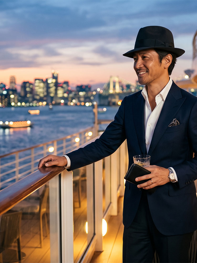 夜の紳士のディナースタイル｜メンズ中折れ帽と黒長財布で魅せる大人の服装