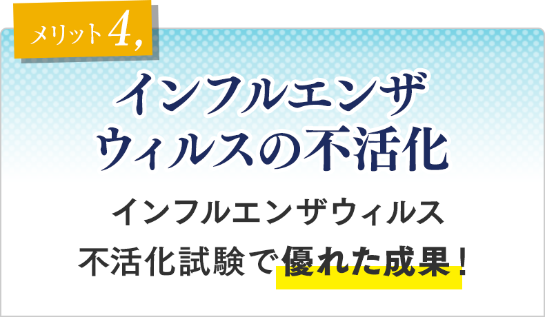 メリット④　インフルエンザウィルスの不活化 インフルエンザウィルス不活化試験で優れた成果！