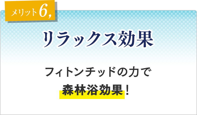 メリット⑥　リラックス効果 フィトンチッドの力で森林浴効果！