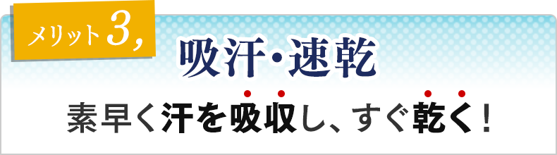 メリット③　吸汗・速乾 素早く汗を吸収し、すぐ乾く！