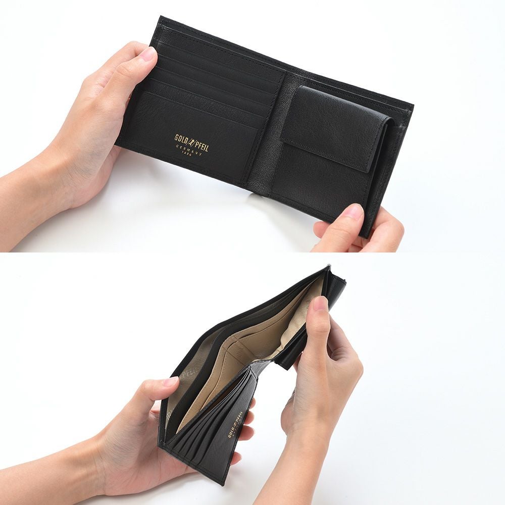 黒レザー二つ折り財布 ゴールドファスナー 牛革 シュリンクレザー ゴールドファスナー ボタン閉じ 二つ折り財布