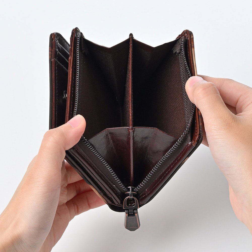 ズー 二つ折り財布 泥染めレザー L字ファスナー 二つ折り財布 ブラウン